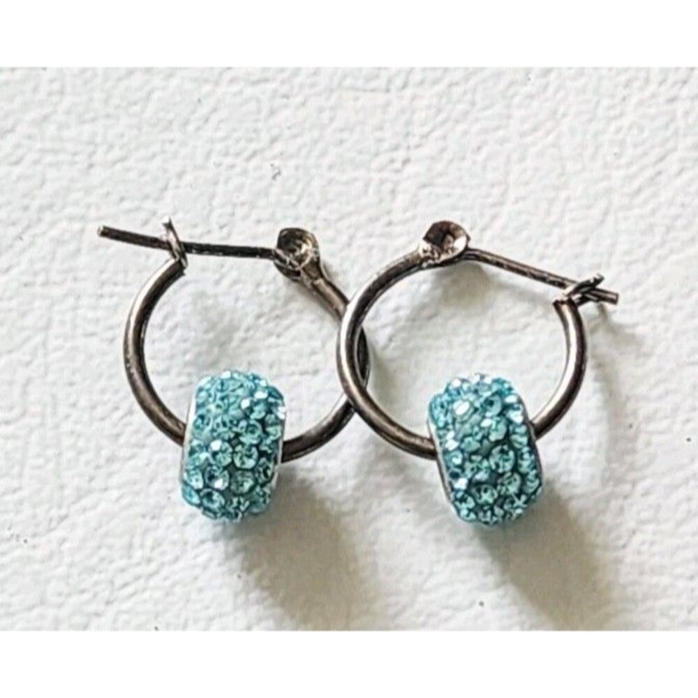 Sterling Silver Hoop Earrings Crystal Disco Ball Charm